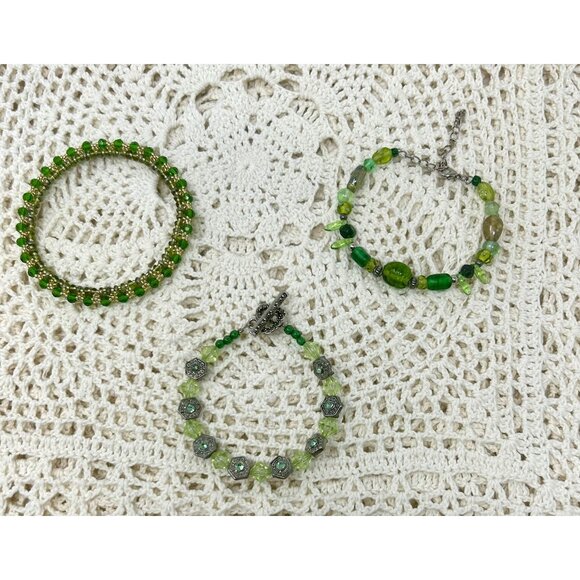 3 Vintage 1990s Handcrafted Green Beaded Bracelets - Picture 2 of 7
